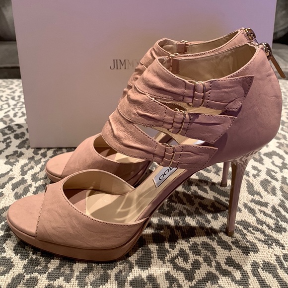 HOST PIC RARE JIMMY CHOO OYSTER POWDER PINK LEATHER PLATFORM SANDALS SIZE US 8 - Picture 4 of 12